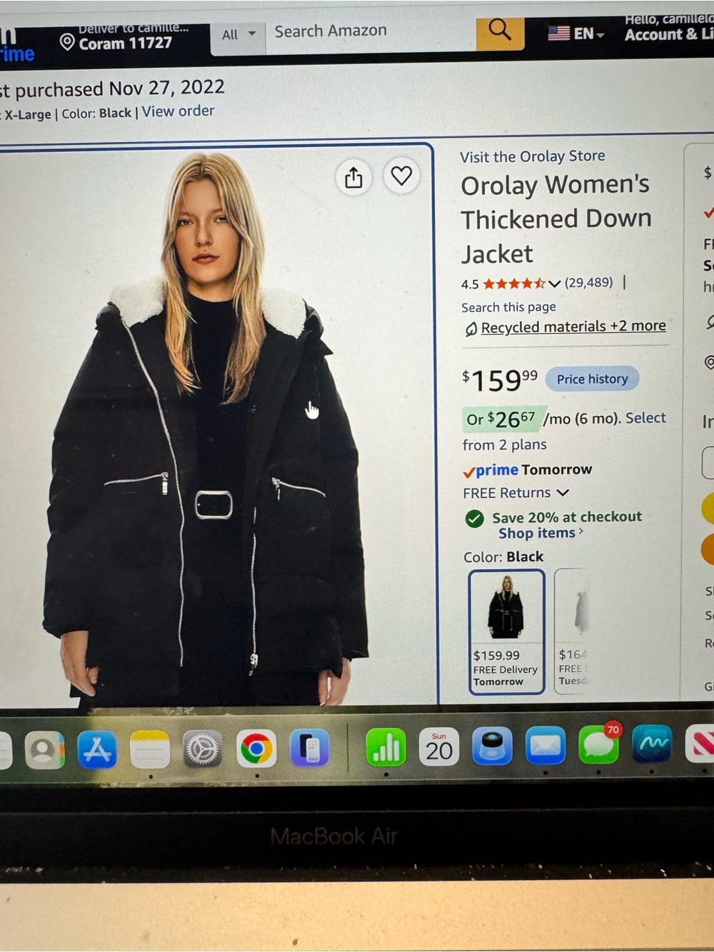 OROLAY  Black Puffer Jacket with White Sherpa Collar and Orange Lining like new - Picture 2 of 5